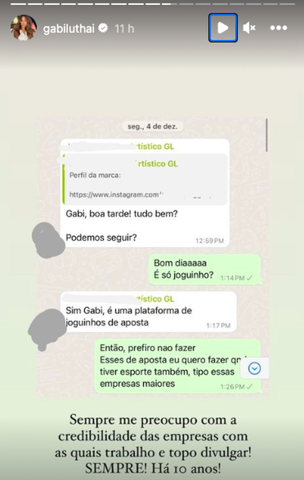 Gabi Luthai expõe recusa de proposta para divulgação de jogos de azar — Foto: Reprodução